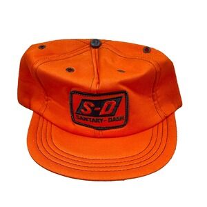 VintageSanitary Dash Trucker Hat Cap Made In USA 80s 90s Patch Farm Blaze Orange